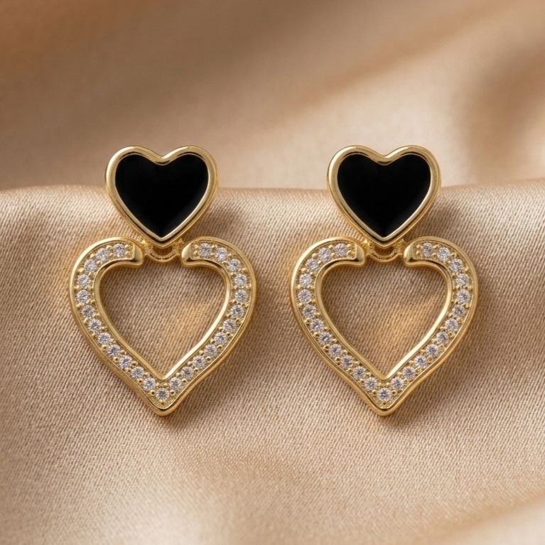Black Enamel Dual Heart Drop Earrings | Revaaj