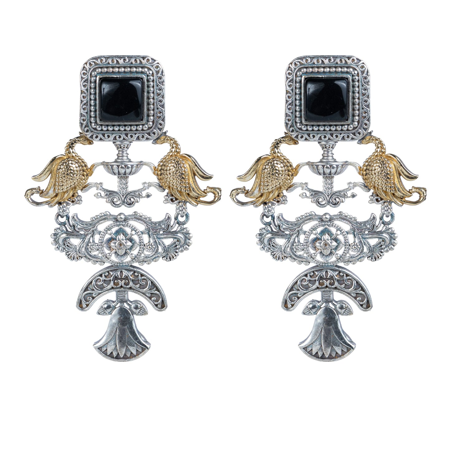 Traditional peacock motif antique dual-tone earrings - Revaaj