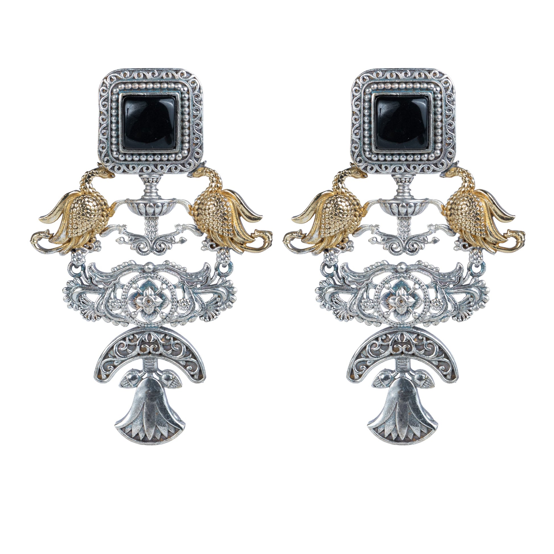 Traditional peacock motif antique dual-tone earrings - Revaaj