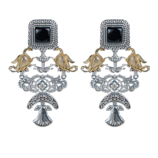 Traditional peacock motif antique dual-tone earrings - Revaaj