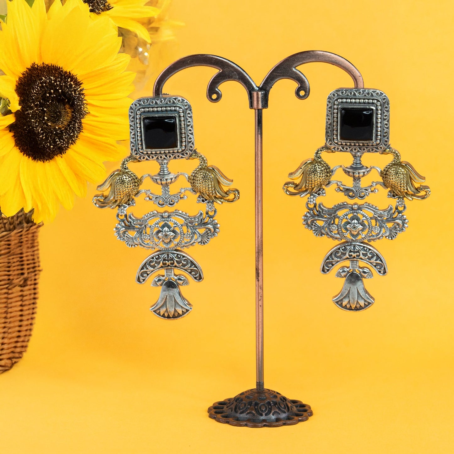Peacock Motif Antique Dual-Tone Earrings