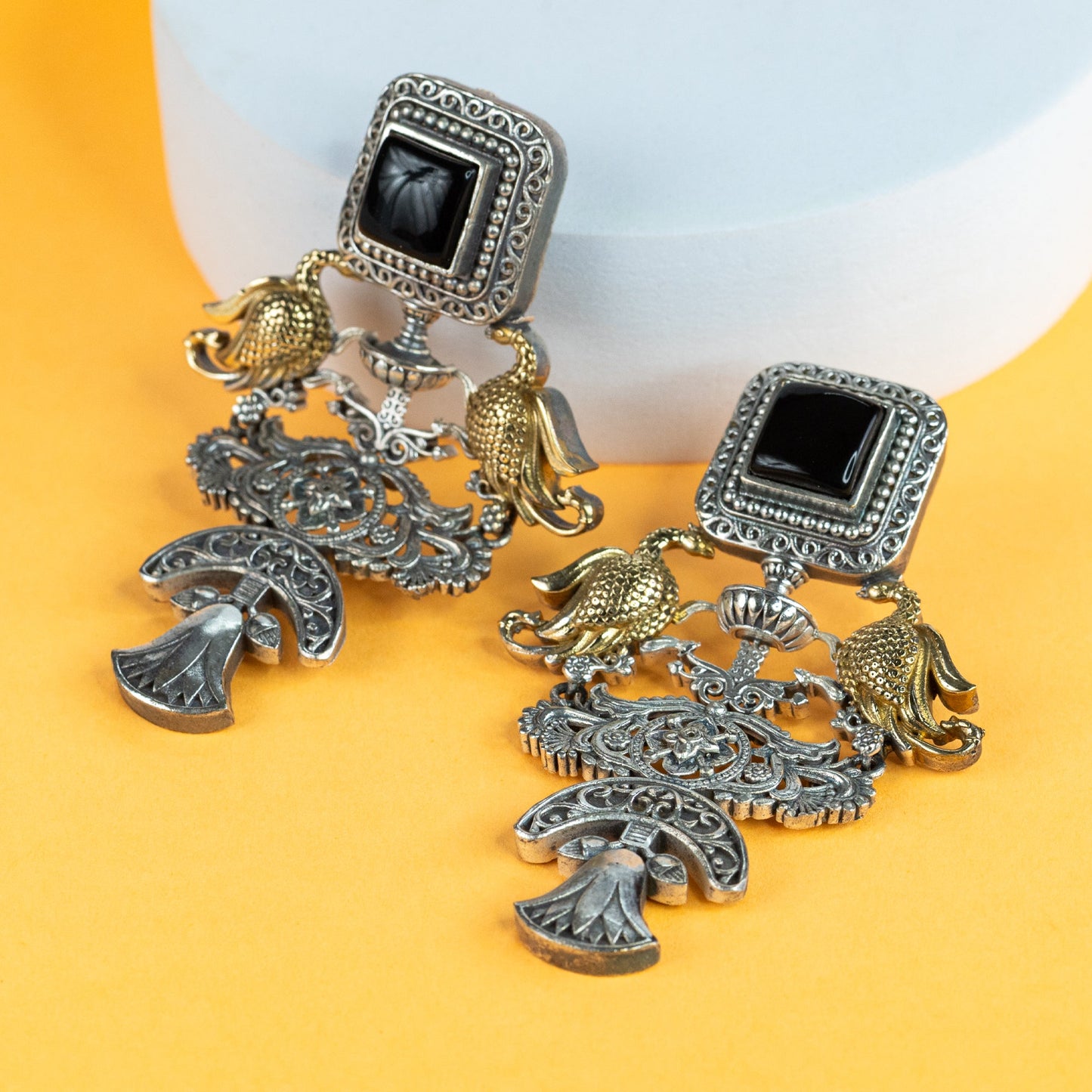 Peacock Motif Antique Dual-Tone Earrings
