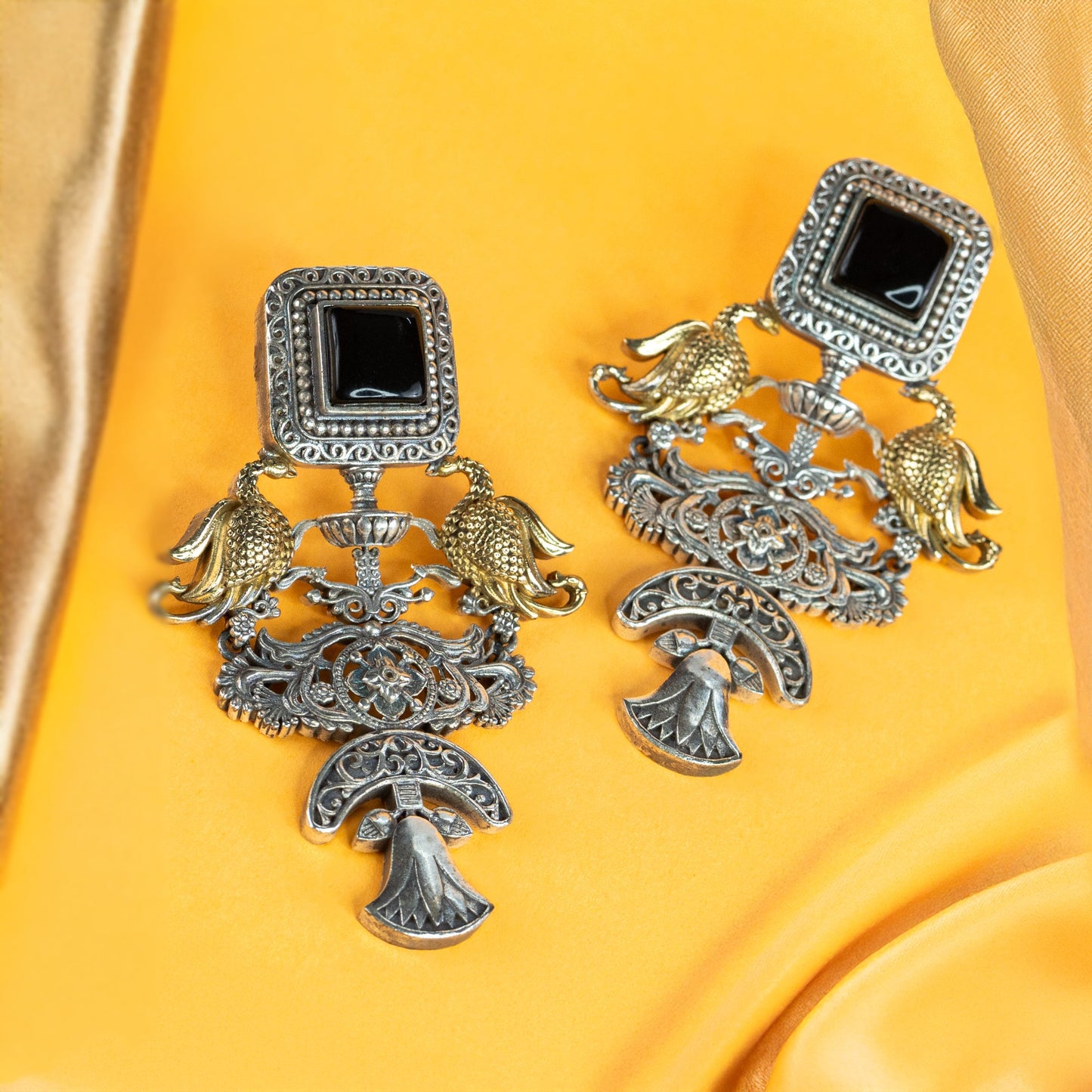 Peacock Motif Antique Dual-Tone Earrings
