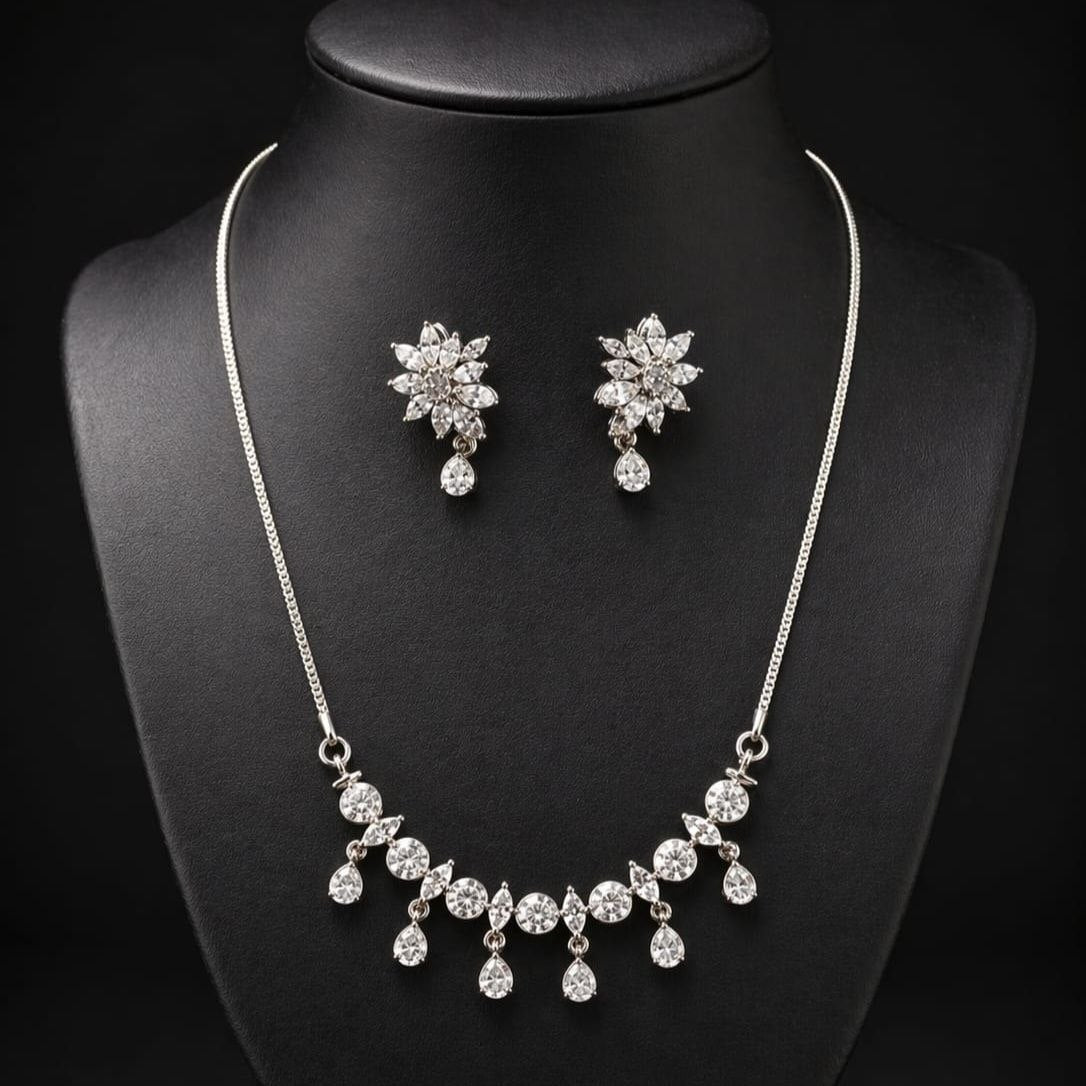 Zircon Floral Teardrop Necklace Set | Revaaj