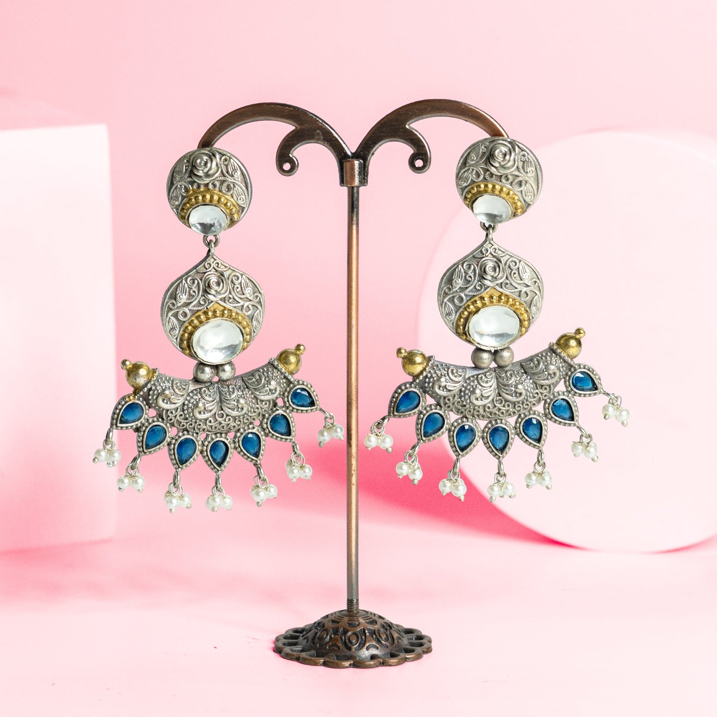 Antique Blue Kundan Jhumka Earrings