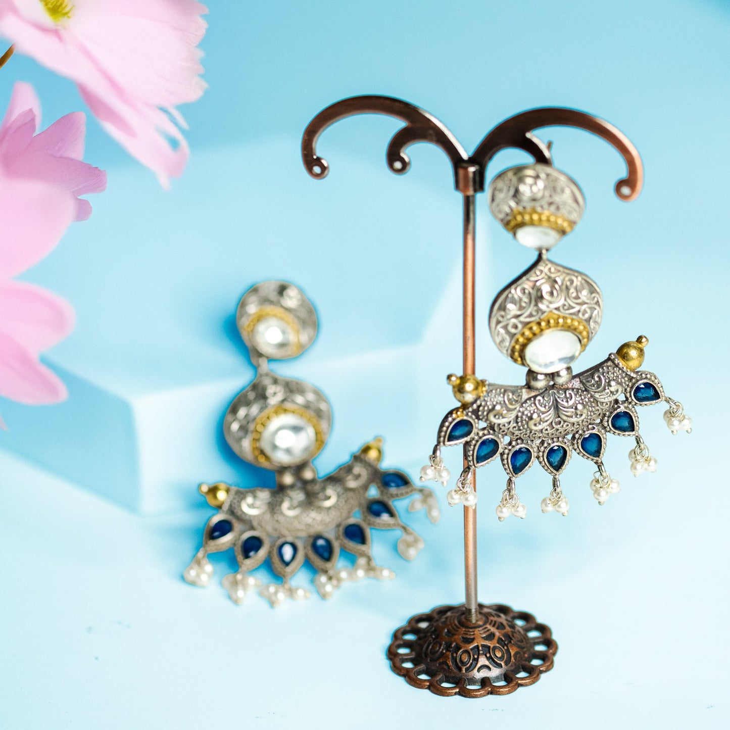 Antique Blue Kundan Jhumka Earrings