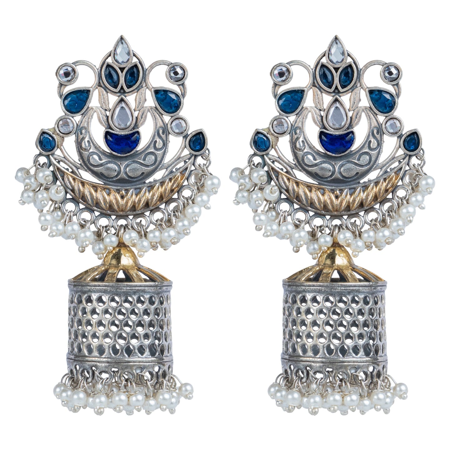 Antique Blue Stone Dome Jhumka Earrings by Revaaj