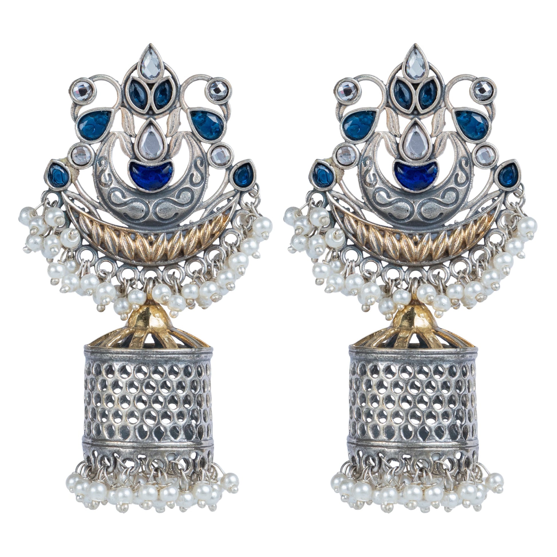 Antique Blue Stone Dome Jhumka Earrings by Revaaj