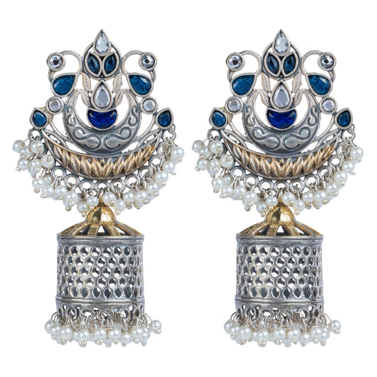 Antique Blue Stone Dome Jhumka Earrings by Revaaj