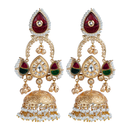 Red & Green Kundan Jhumka Earrings by Revaaj