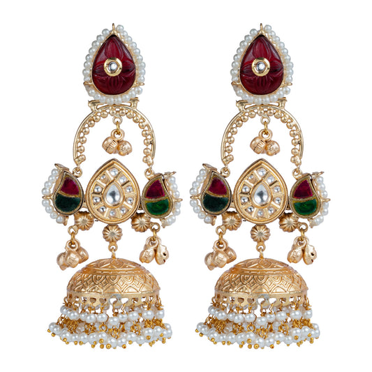 Red & Green Kundan Jhumka Earrings by Revaaj