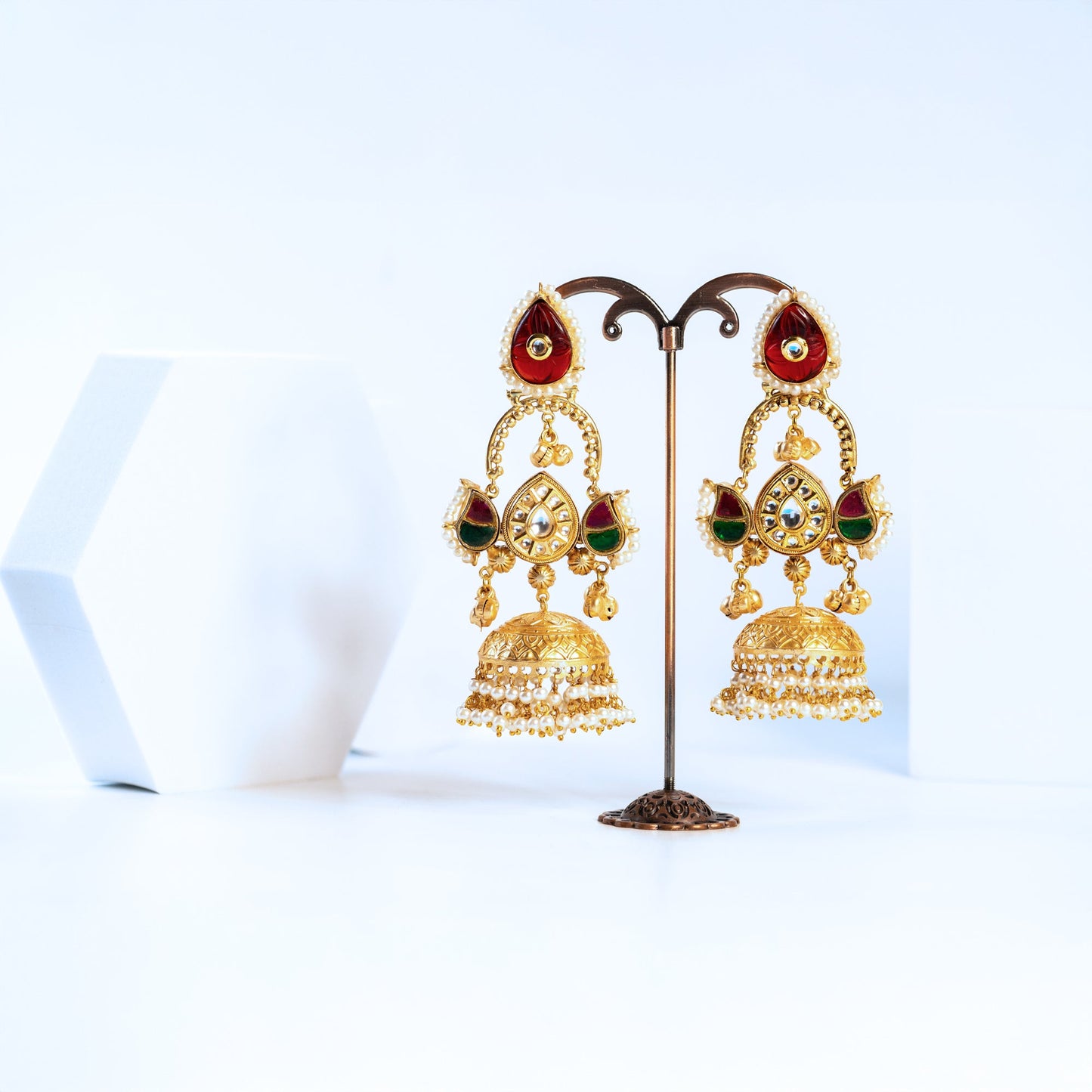 Red & Green Kundan Jhumka Earrings