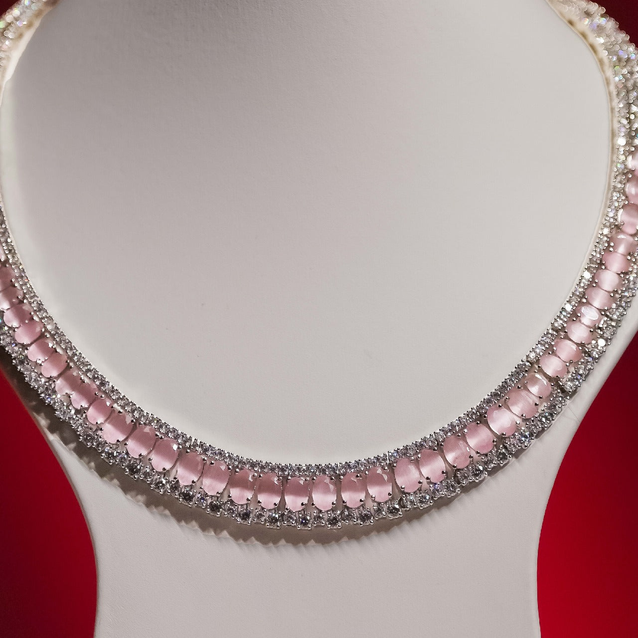Elegant Pink & Diamond Statement Necklace Set