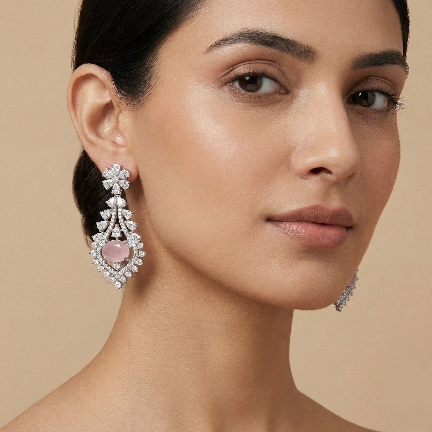 Luxury Pink Quartz & CZ Diamond Statement Earrings