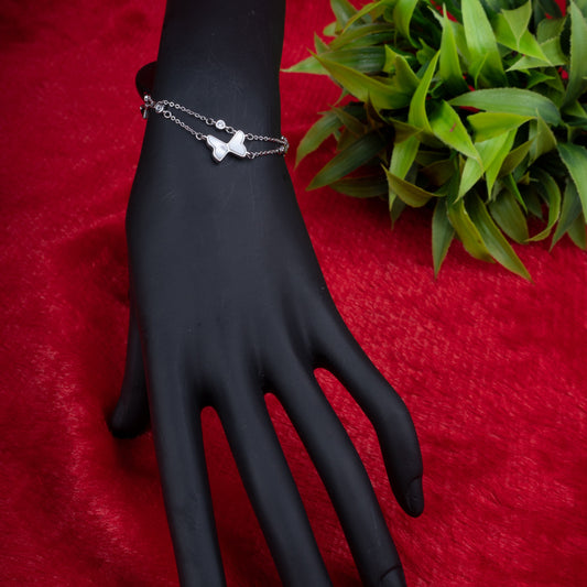 Silver color dual layer bracelet with butterfly charms and crystal accents - Revaaj