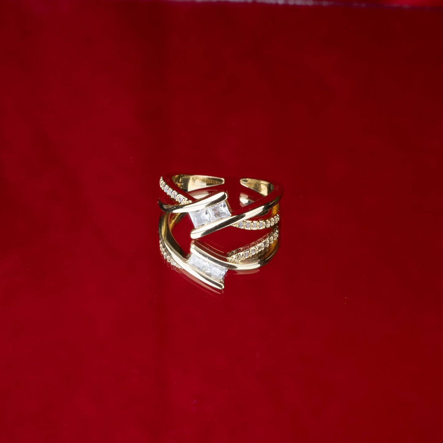 Elegant rectangular stone ring with dual-band design third view - Revaaj