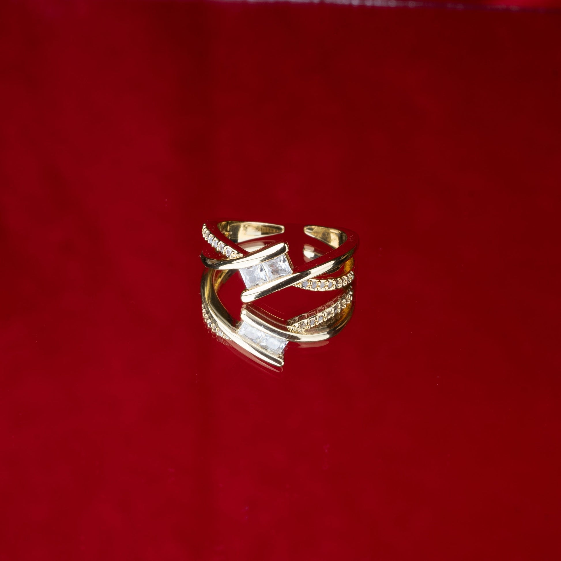 Elegant rectangular stone ring with dual-band design third view - Revaaj