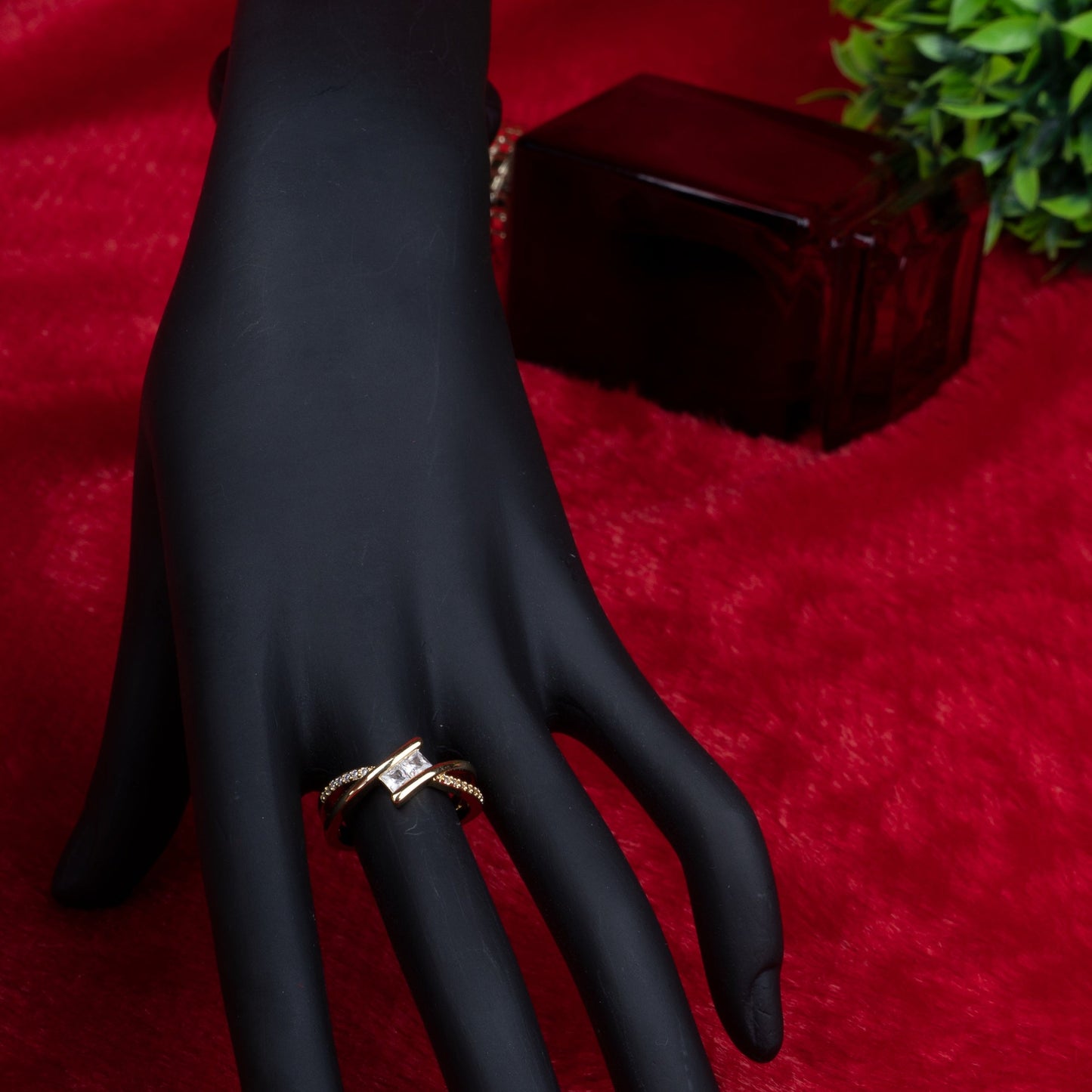 Elegant rectangular stone ring with dual-band design second view - Revaaj