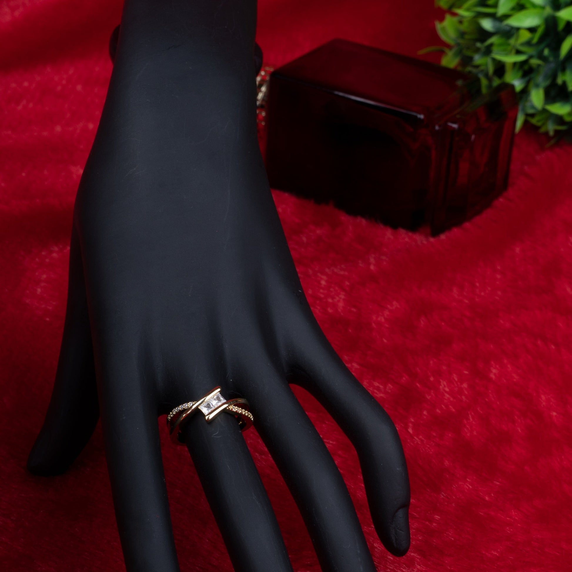 Elegant rectangular stone ring with dual-band design second view - Revaaj