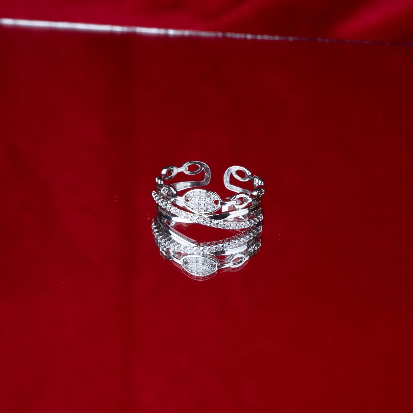 Silver Colored crown leaf ring with delicate stones third angle - Revaaj