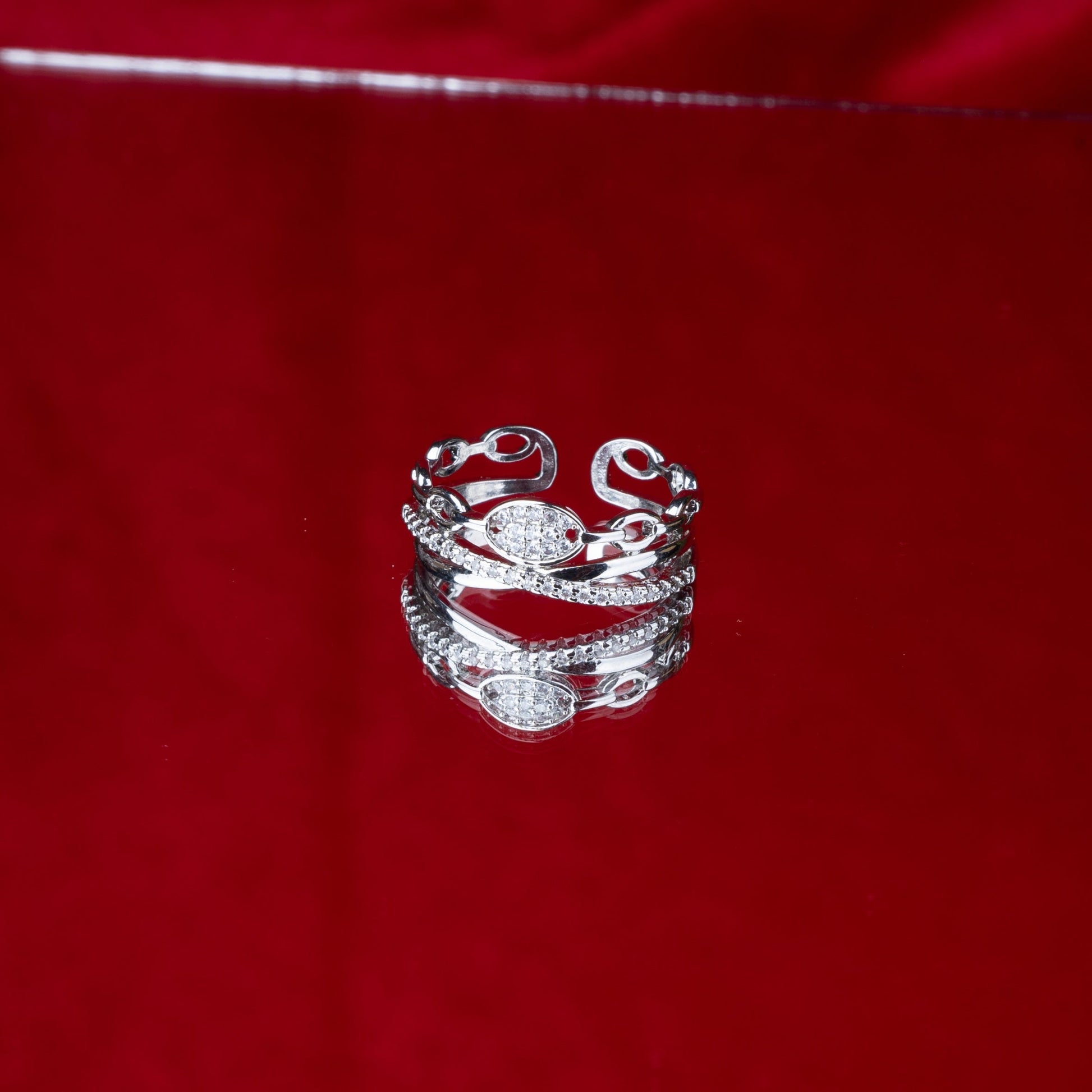 Silver Colored crown leaf ring with delicate stones third angle - Revaaj