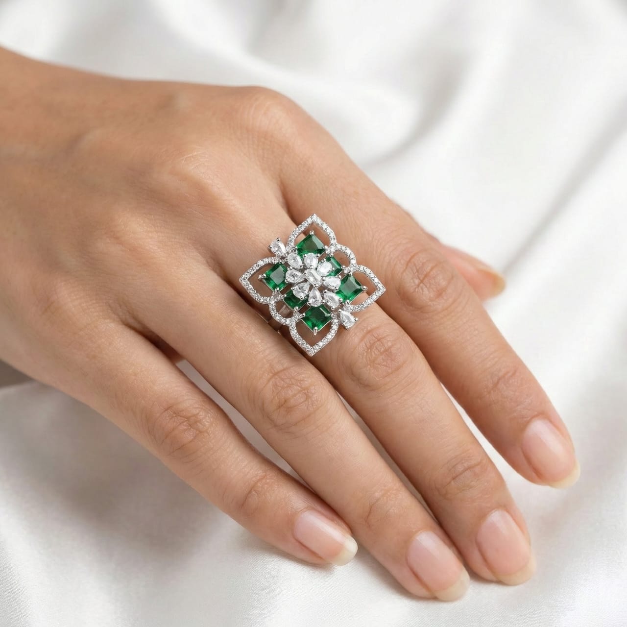 Emerald Green Stone Silver-Tone Statement Cocktail Ring