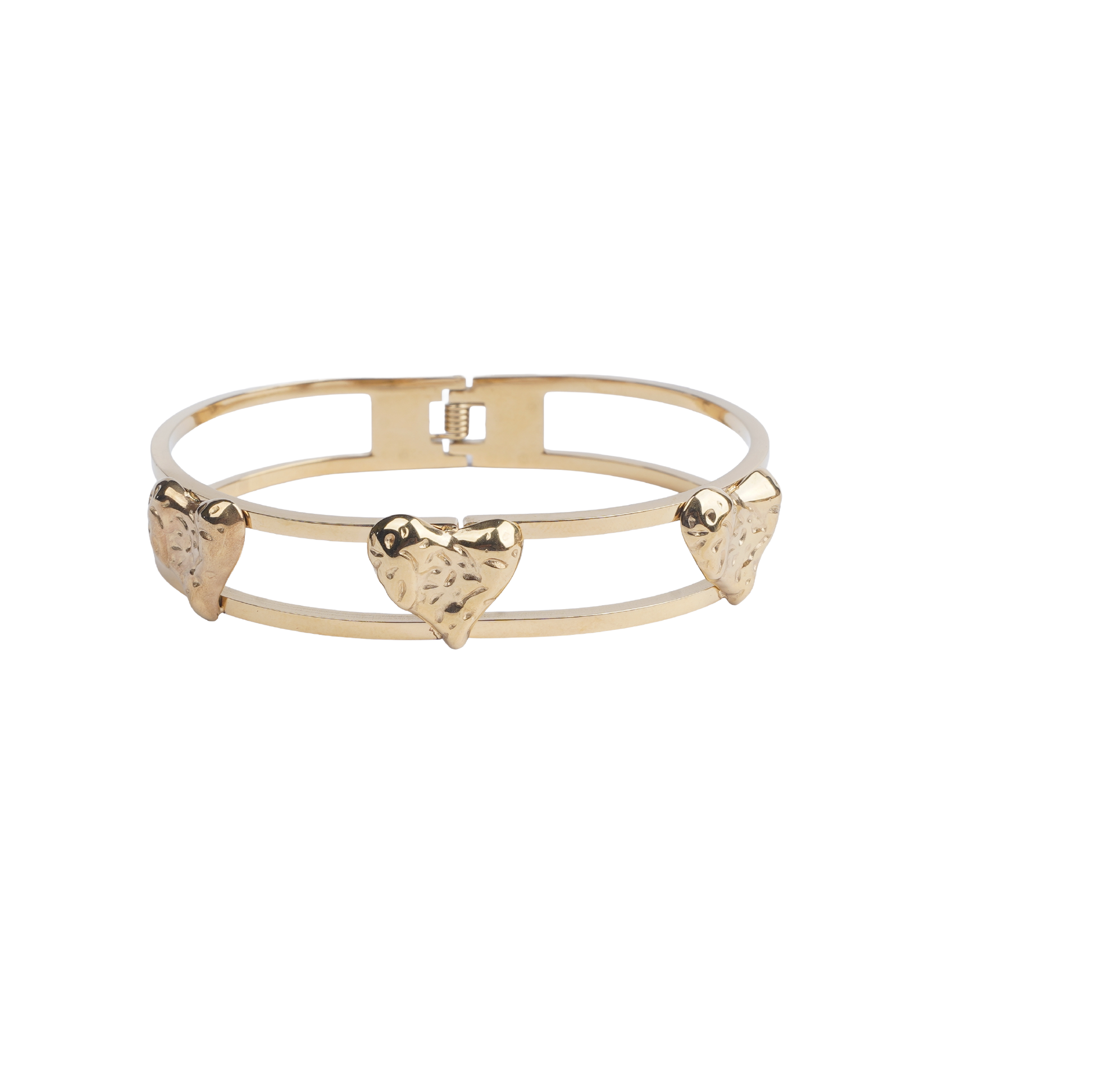 Gold-tone open cuff bracelet with three heart motifs on a black display hand - Revaaj Ground