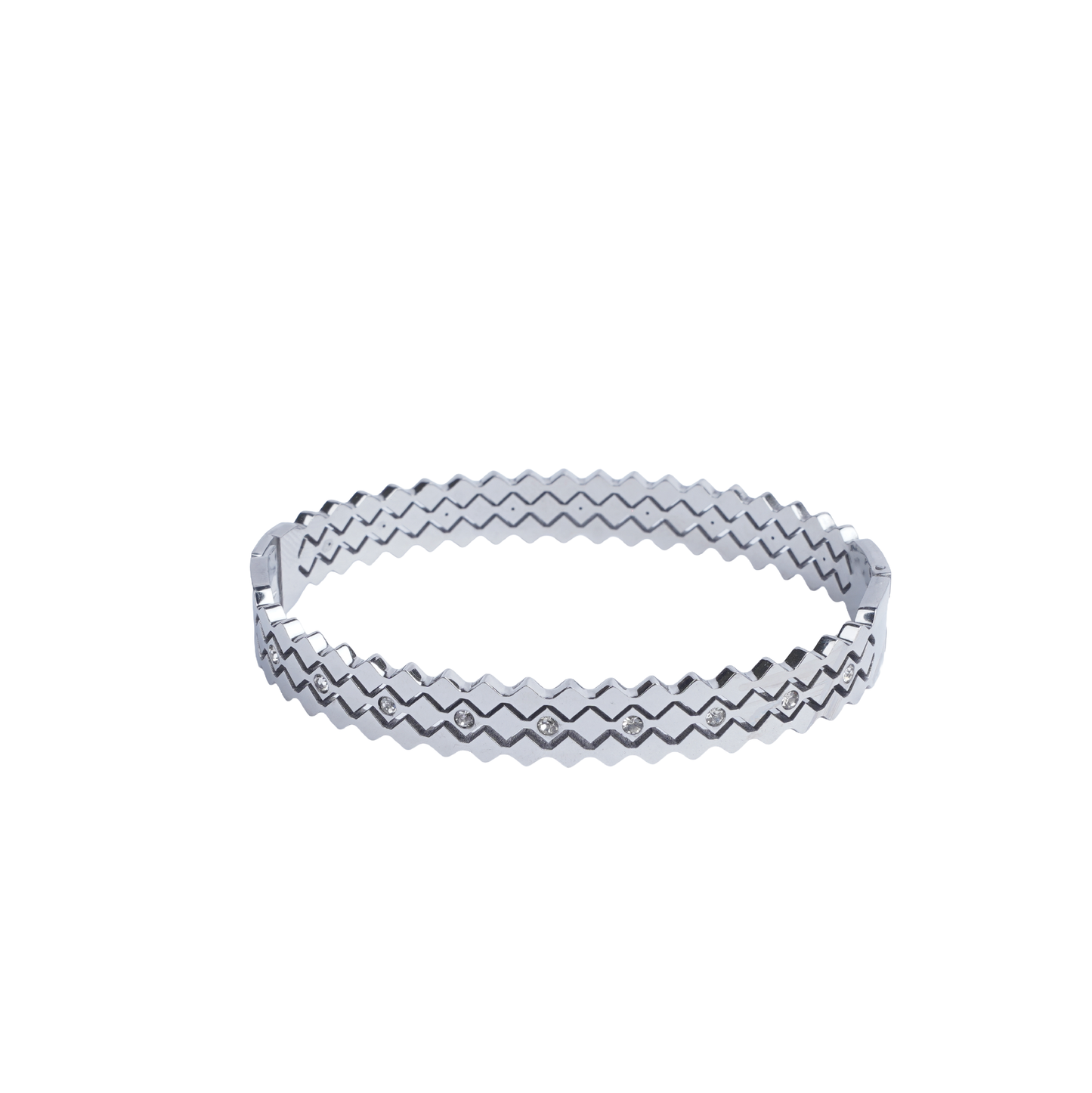 Silver zigzag bangle with embedded white stones on red background - Revaaj Ground