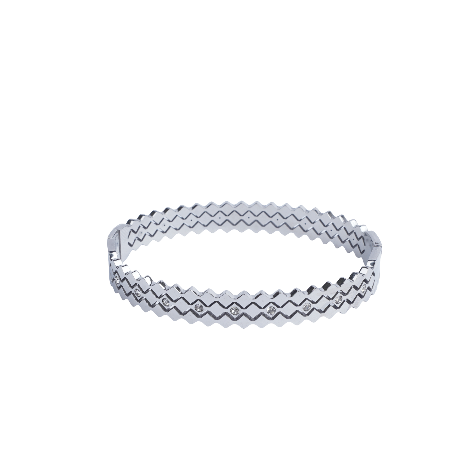 Silver zigzag bangle with embedded white stones on red background - Revaaj Ground