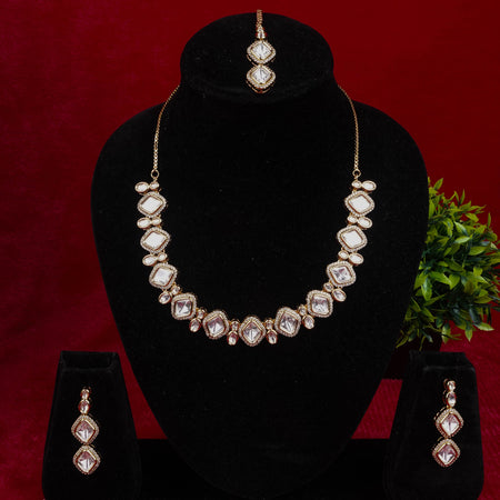 Kundan Mirror Stone Necklace Set - Necklace & Earrings
