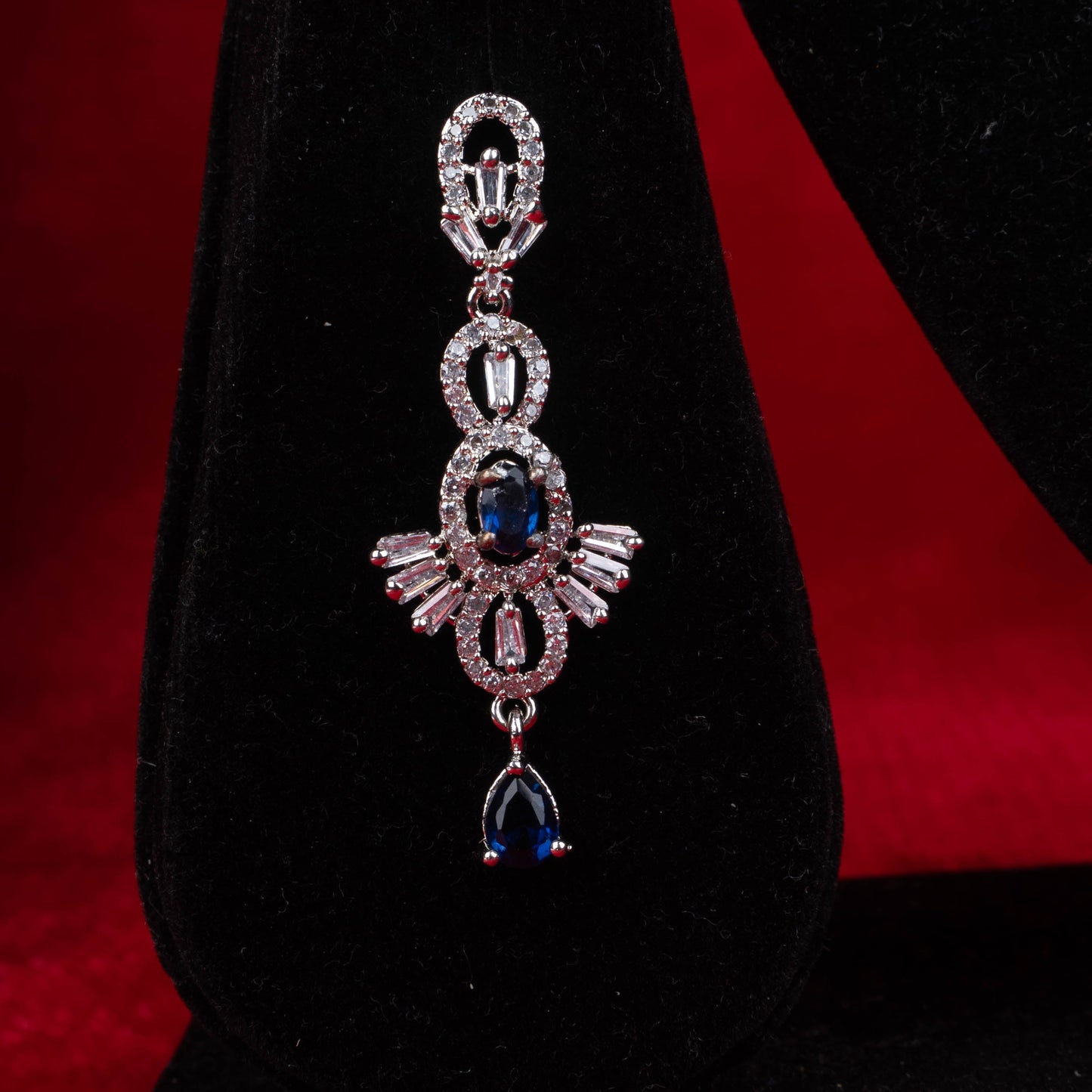 Fashion jewelry set with silver-tone finish and blue stones, including necklace and earrings - Revaaj Ground