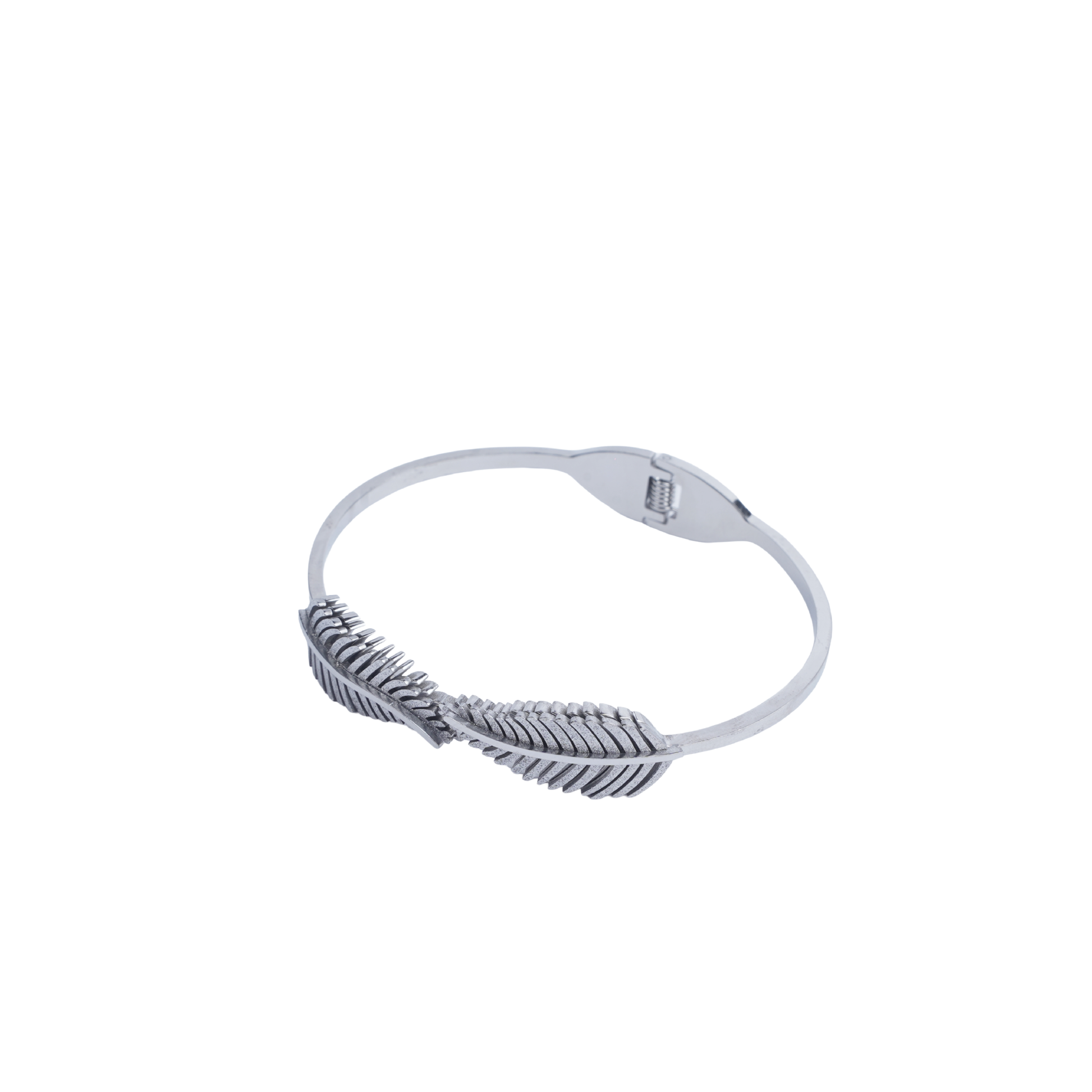 Silver-tone bangle with two detailed feather designs and a textured band white image - Revaaj