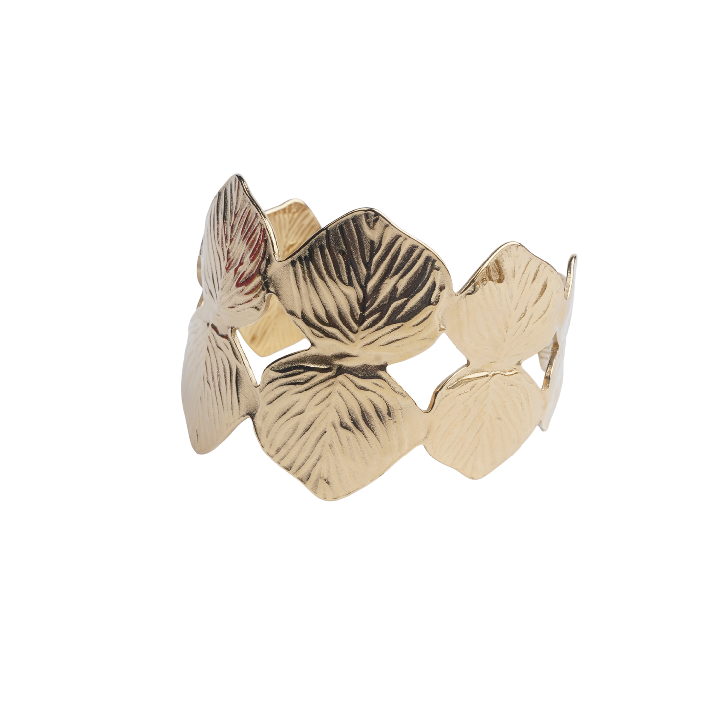 Wide gold-tone cuff bracelet with interlocking leaf motifs on a black mannequin hand white image - Revaaj
