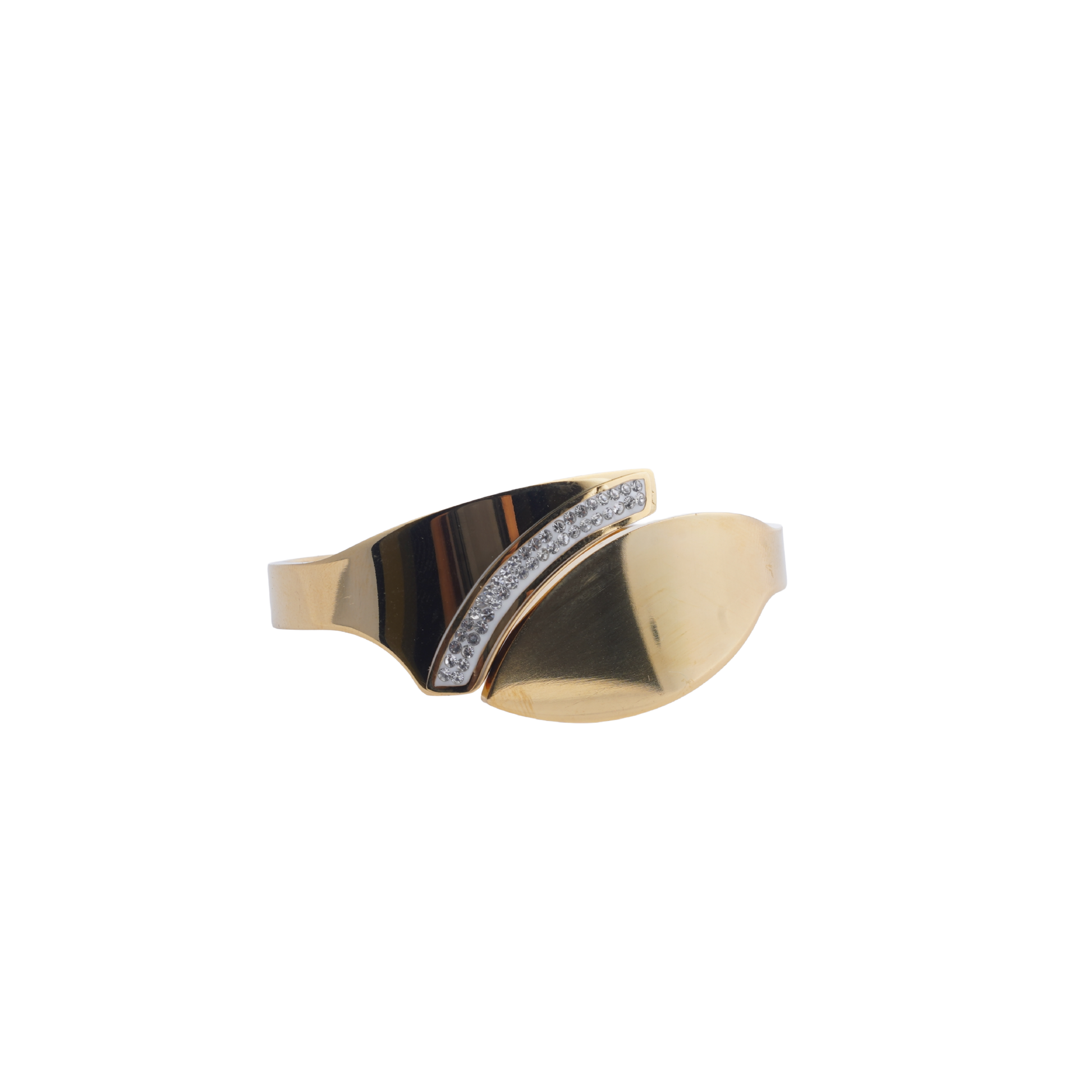 Gold-tone asymmetrical cuff bracelet with a row of sparkling crystals on a white background - Revaaj
