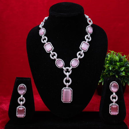 Blush pink gemstone necklace set with oval and rectangular stones - Revaaj