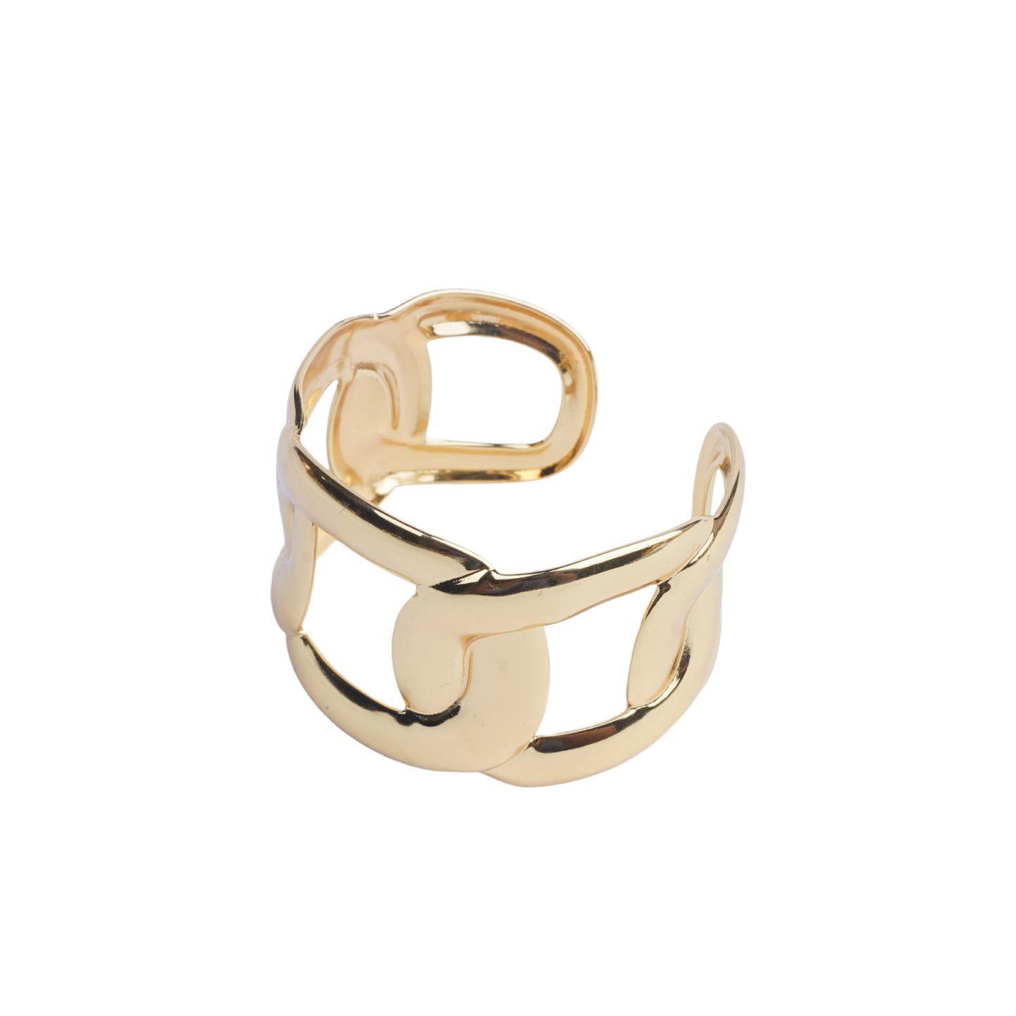 Wide gold-tone open cuff bracelet with a chunky chain link design on a white background - Revaaj