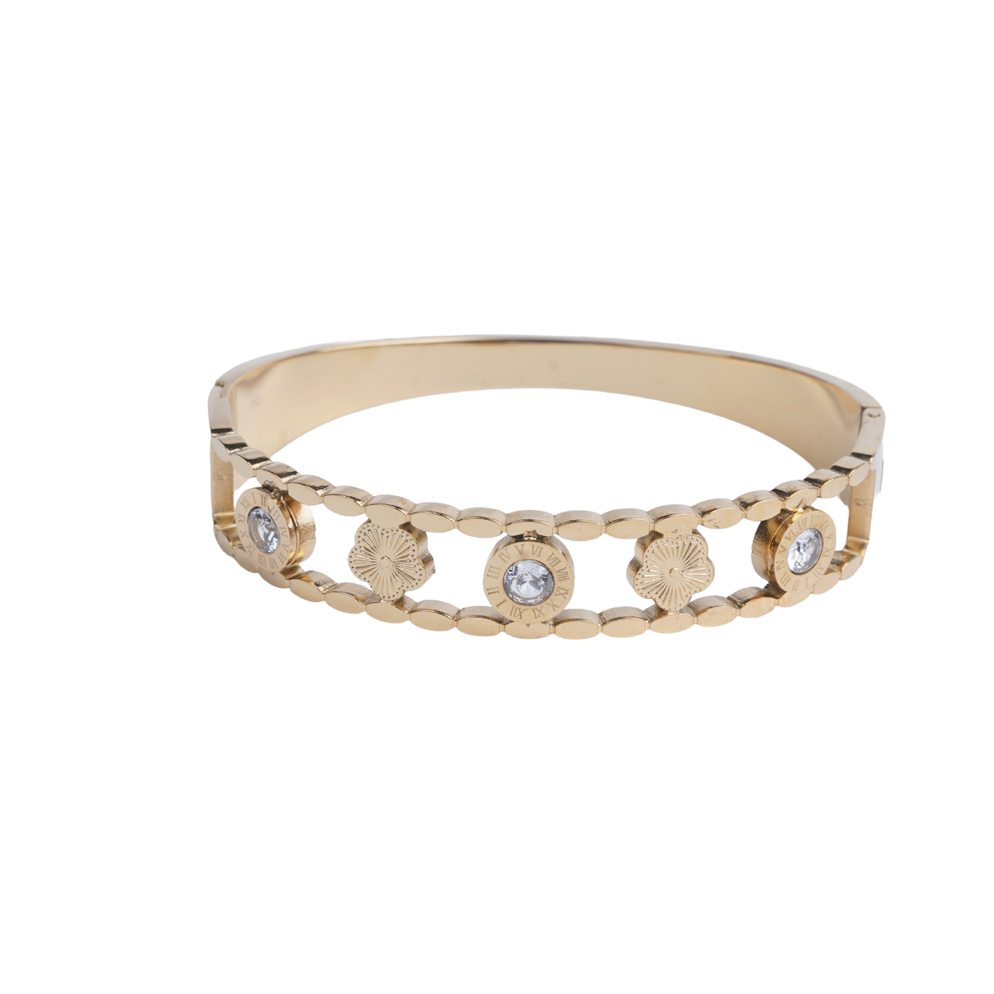 Gold-tone bracelet with roman numeral and flower motifs, accented by crystals background - Revaaj