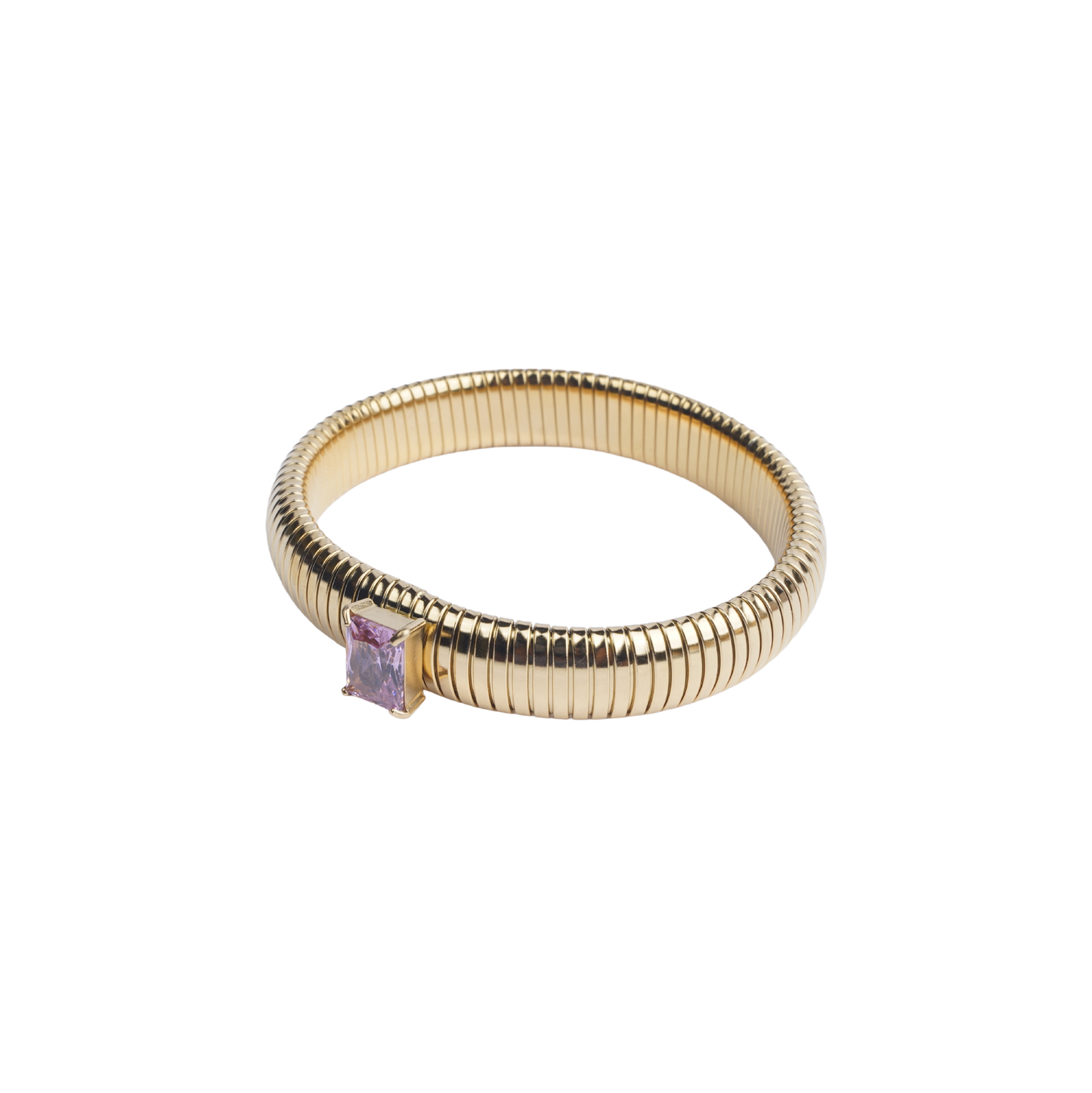 Gold-tone ribbed bangle bracelet with a single square-cut pink crystal white background - Revaaj