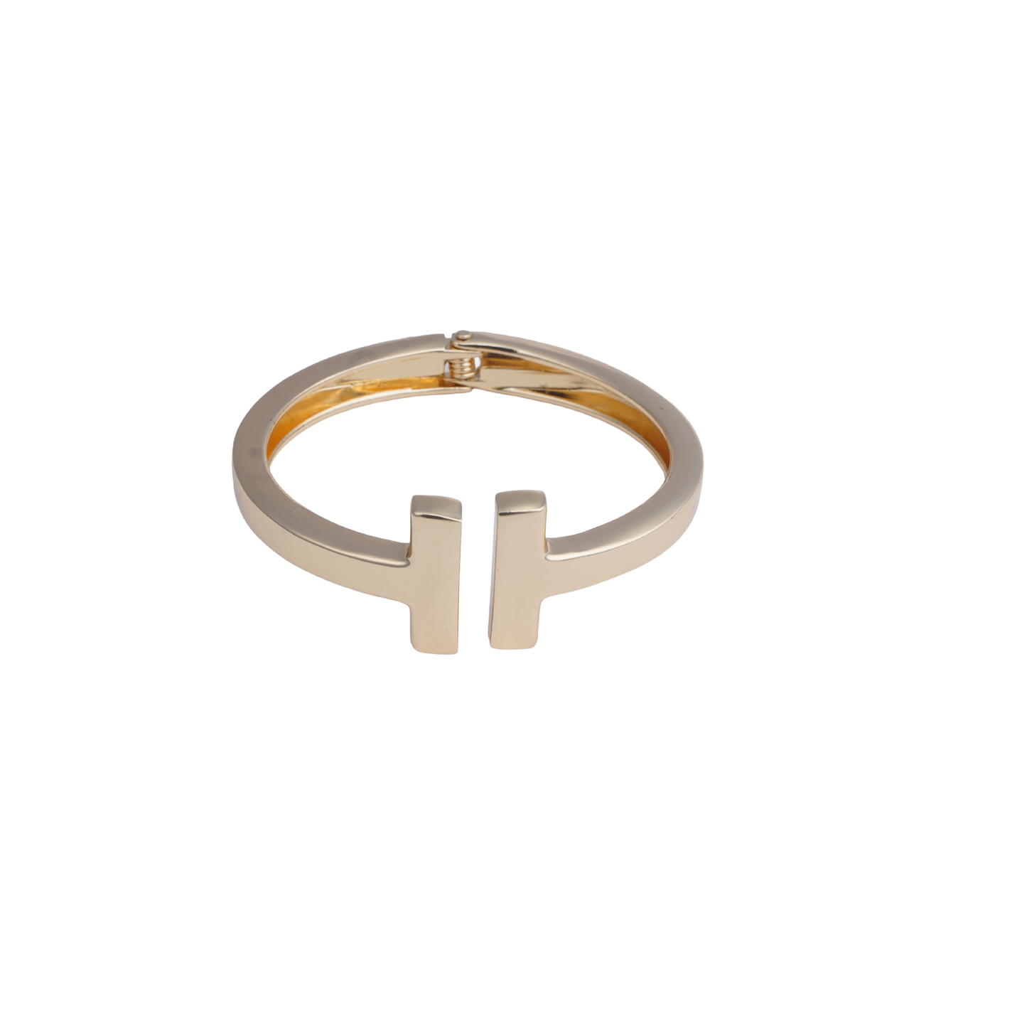 Gold-tone T-bar hinged bangle bracelet on a white background - Revaaj