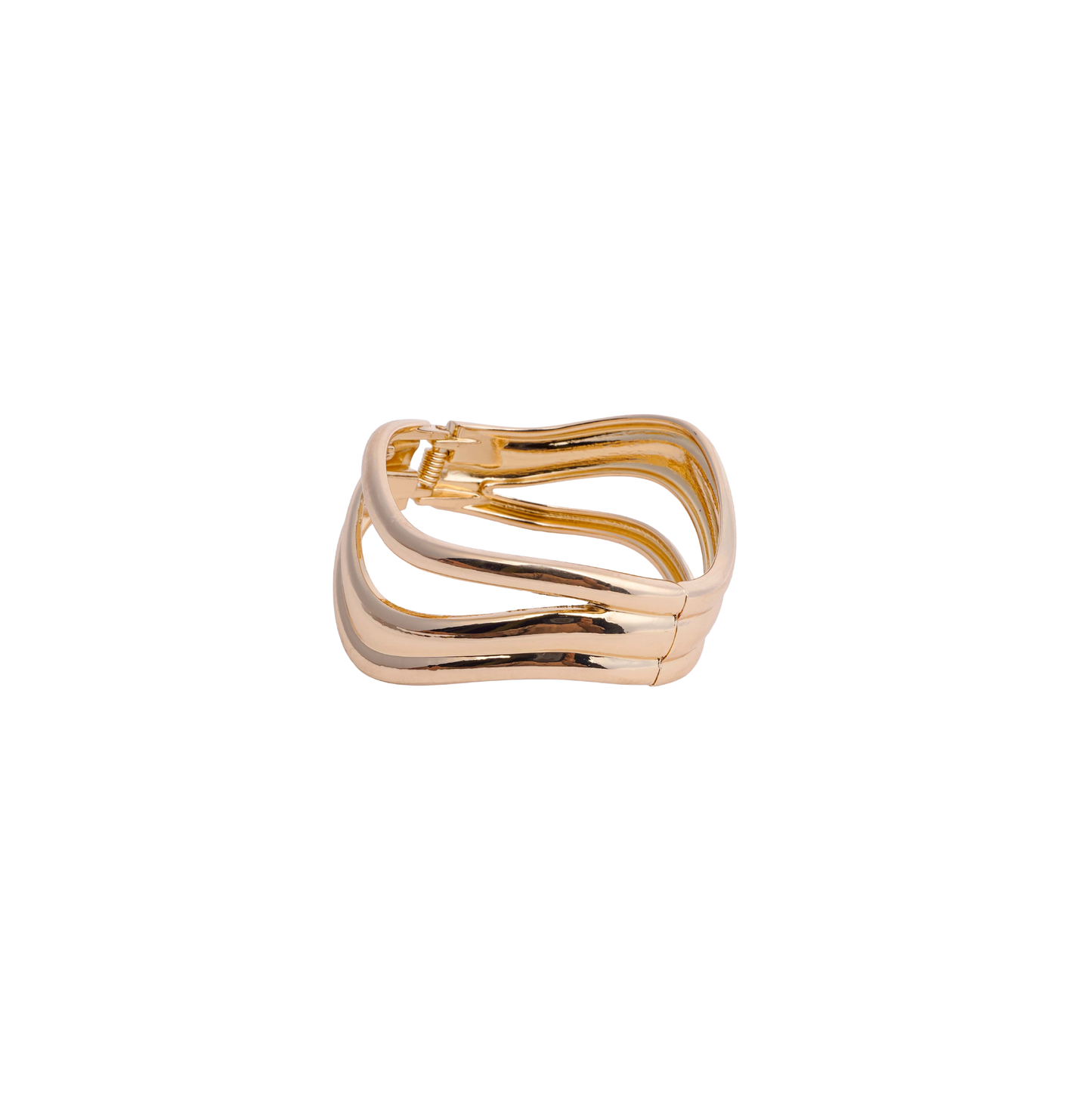 Gold-tone open cuff bracelet with a triple wave design, worn on a black mannequin hand white image - Revaaj