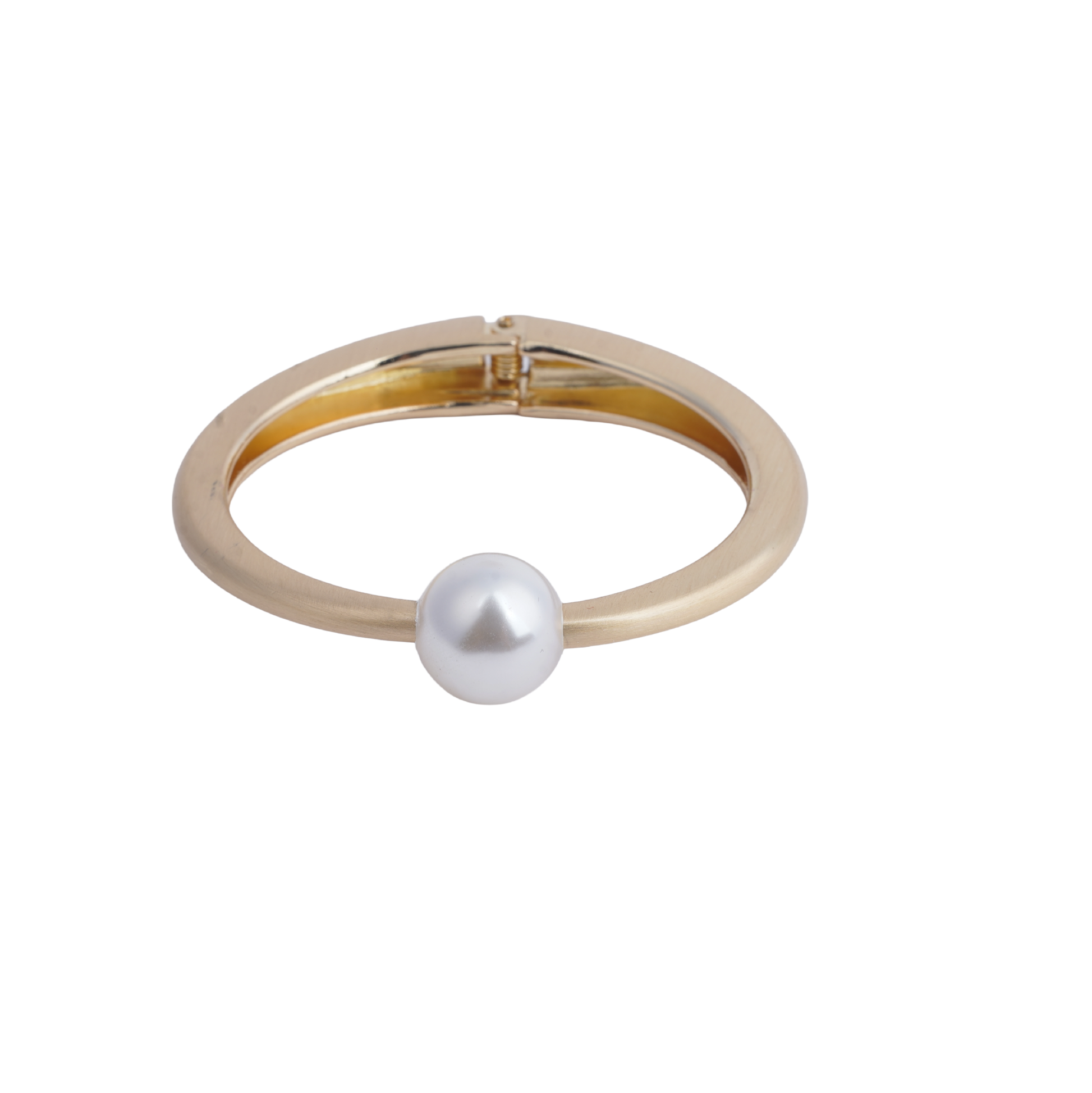 Gold-tone matte finish bangle bracelet with a single, large white pearl at the center in white image - Revaaj