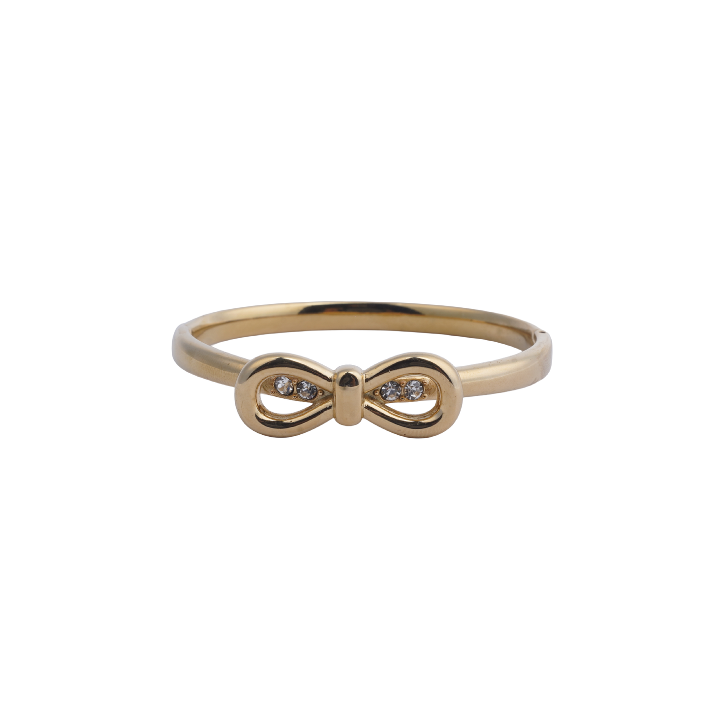Gold-tone hinged bangle bracelet with a bow-shaped central motif encrusted with small crystals in white background - Revaaj