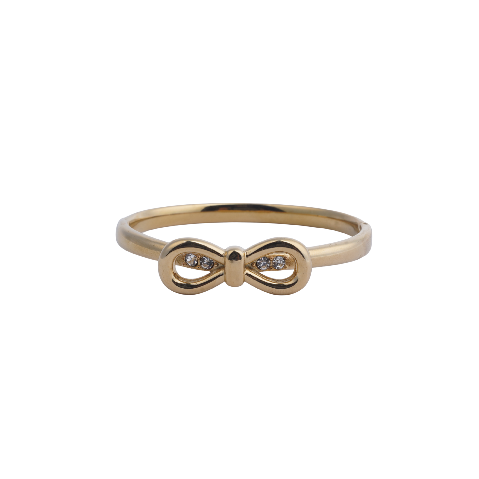 Gold-tone hinged bangle bracelet with a bow-shaped central motif encrusted with small crystals in white background - Revaaj