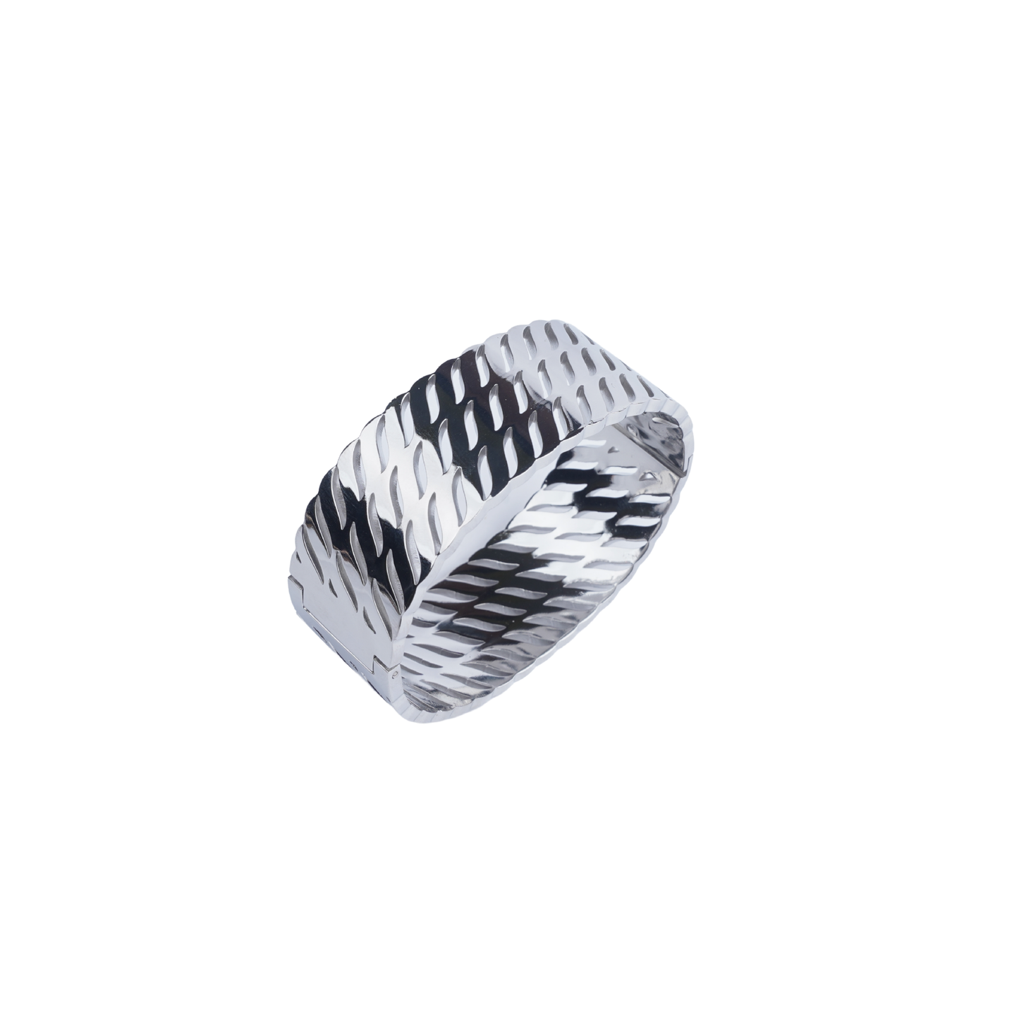Wide, silver-tone open bracelet with an abstract geometric textured pattern white image - Revaaj