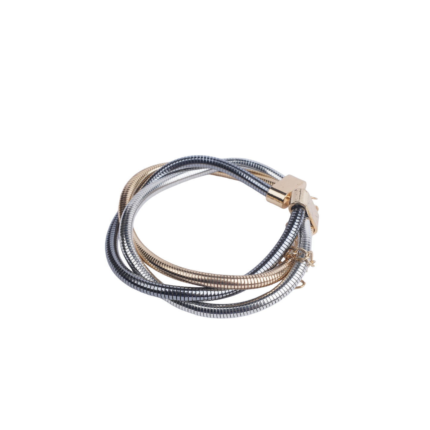 Multi-tone (silver and gold) intertwined snake chain bracelet with a gold-tone magnetic clasp white image - Revaaj