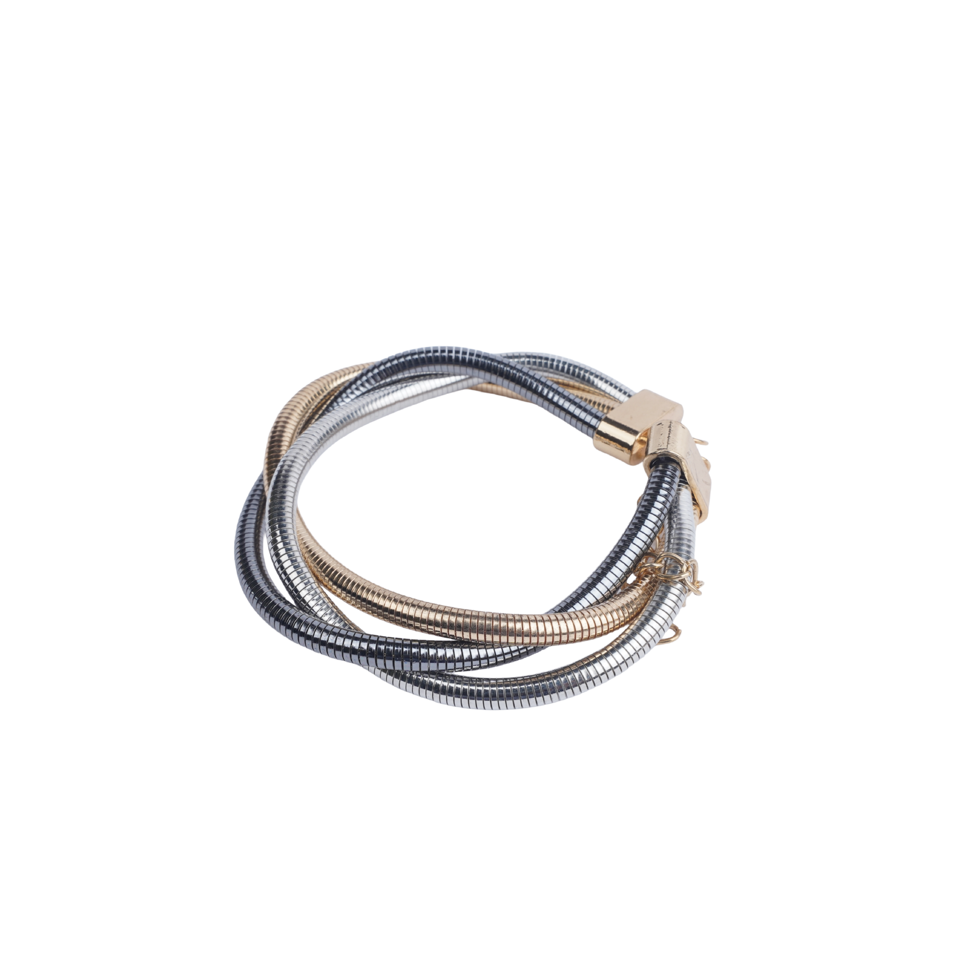 Multi-tone (silver and gold) intertwined snake chain bracelet with a gold-tone magnetic clasp white image - Revaaj