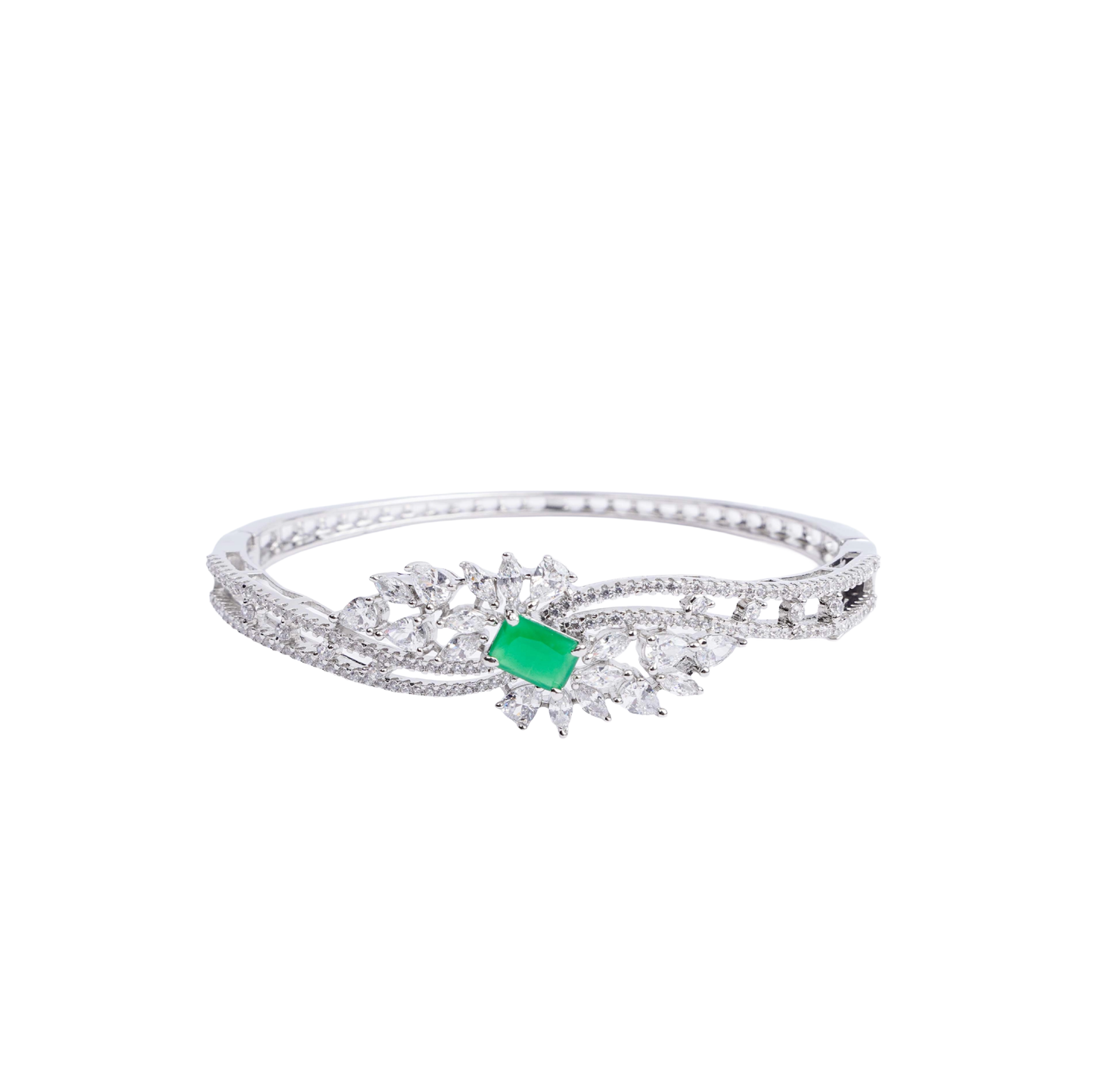 Silver-tone hinged bracelet with a prominent emerald-cut green gemstone at its center, surrounded by clear marquise and round crystals, and a band paved with micro-crystals white image - Revaaj