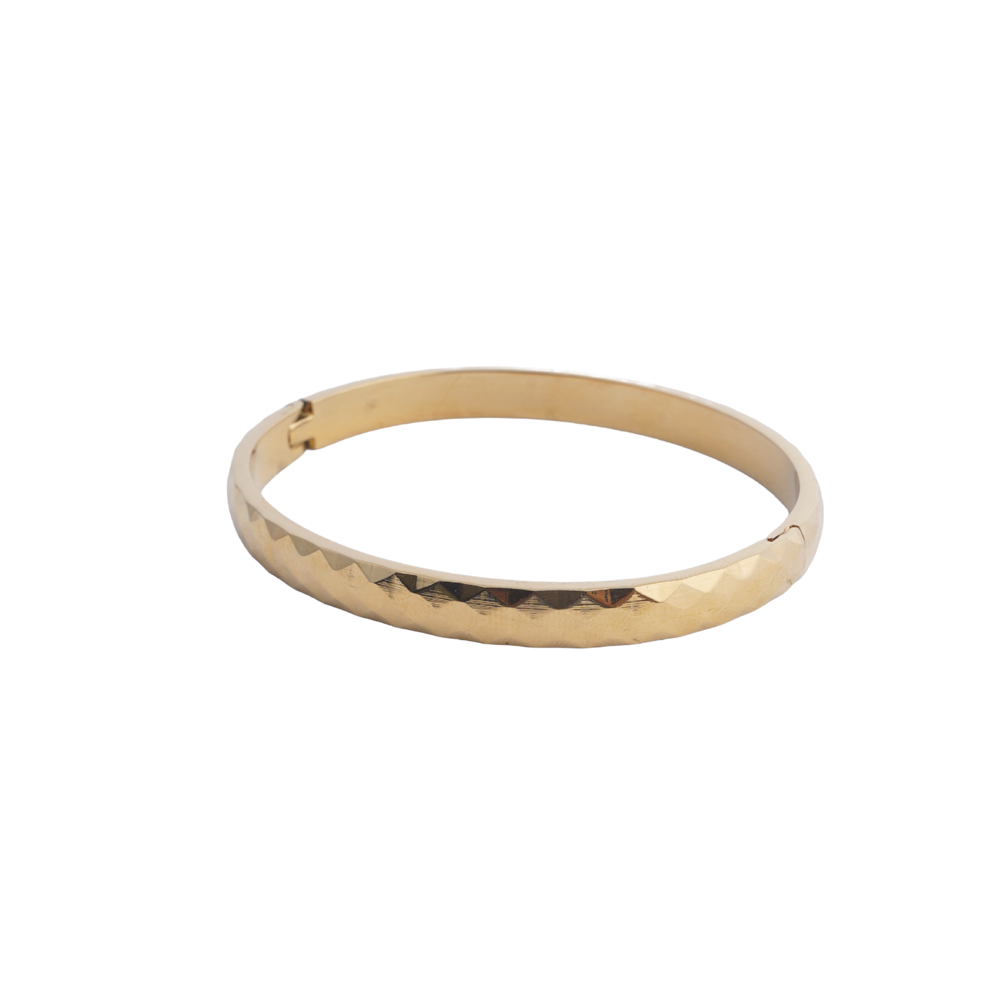 Gold-tone hinged bracelet with a faceted, geometric texture on one side and a polished, smooth surface on the other white image - Revaaj