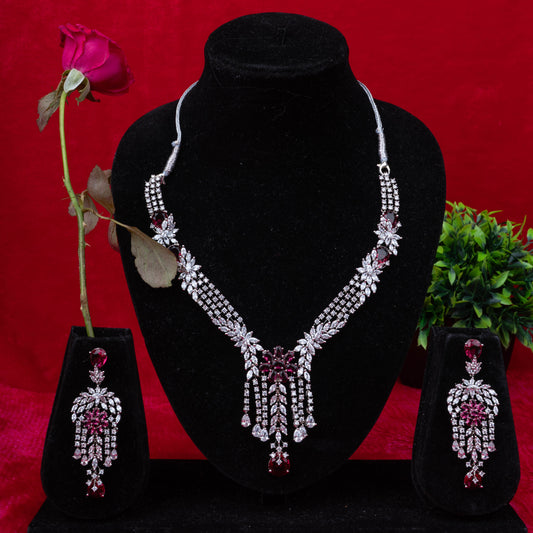 Crimson bloom necklace set with red stones and floral centerpiece - Revaaj