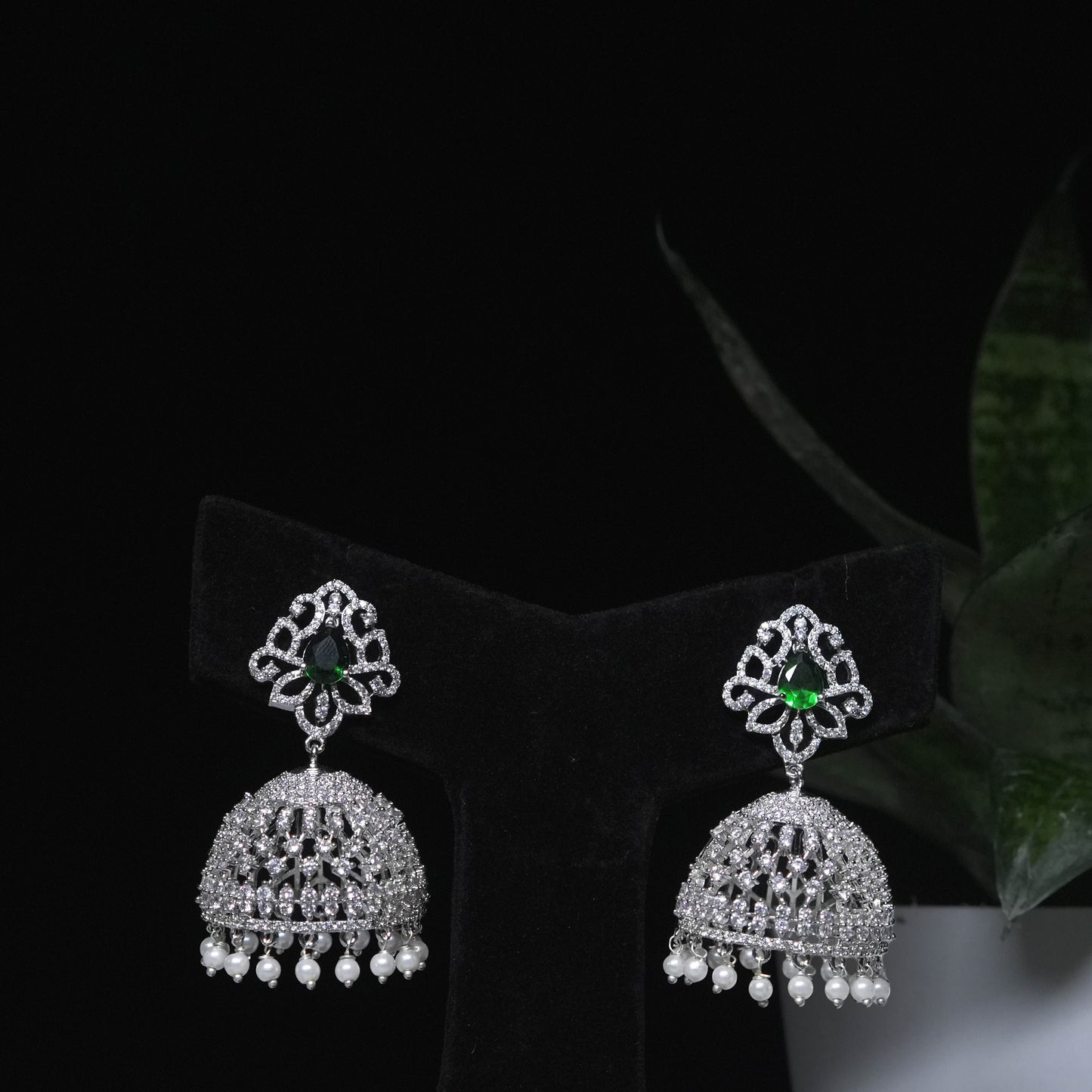 Classic CZ Jhumka Earrings with Green Stone Accent